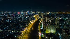 Preview wallpaper city, buildings, aerial view, night, lights