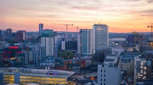 Preview wallpaper city, buildings, aerial view, architecture, twilight