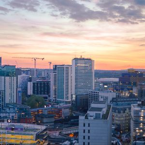 Preview wallpaper city, buildings, aerial view, architecture, twilight