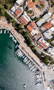 Preview wallpaper city, buildings, aerial view, pier, boats, water