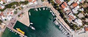 Preview wallpaper city, buildings, aerial view, pier, boats, water