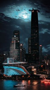 Preview wallpaper city, buildings, architecture, night, moon, light