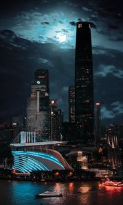 Preview wallpaper city, buildings, architecture, night, moon, light