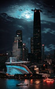 Preview wallpaper city, buildings, architecture, night, moon, light