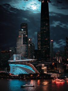 Preview wallpaper city, buildings, architecture, night, moon, light