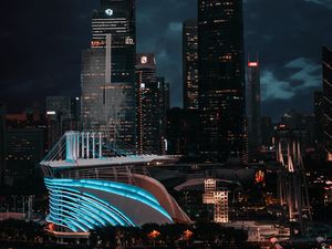 Preview wallpaper city, buildings, architecture, night, moon, light