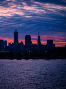 Preview wallpaper city, buildings, architecture, tower, water, sunset
