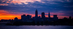 Preview wallpaper city, buildings, architecture, tower, water, sunset