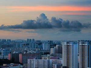 Preview wallpaper city, buildings, architecture, skyscraper, clouds, sunset