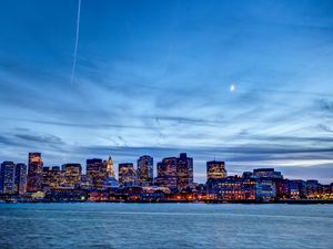 Preview wallpaper city, buildings, architecture, moon, sea