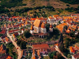 Preview wallpaper city, buildings, architecture, roofs, aerial view