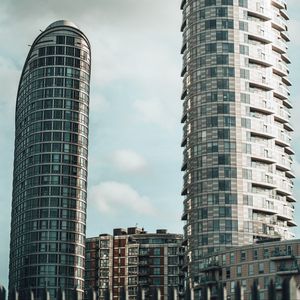 Preview wallpaper city, buildings, architecture, clouds, bottom view