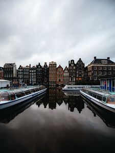 Preview wallpaper city, buildings, architecture, river, boats, amsterdam