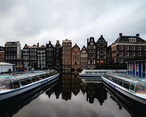 Preview wallpaper city, buildings, architecture, river, boats, amsterdam