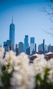 Preview wallpaper city, buildings, architecture, flowers, blur