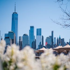 Preview wallpaper city, buildings, architecture, flowers, blur