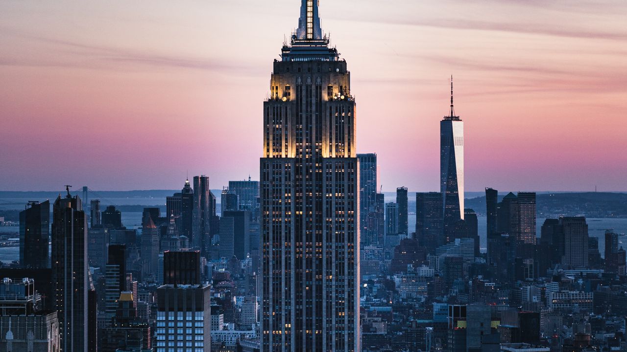 Wallpaper city, buildings, architecture, skyscrapers, aerial view, sunset