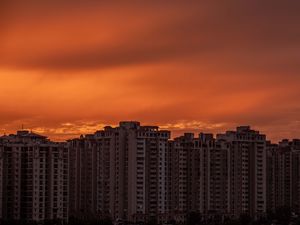 Preview wallpaper city, buildings, architecture, sunset, dark