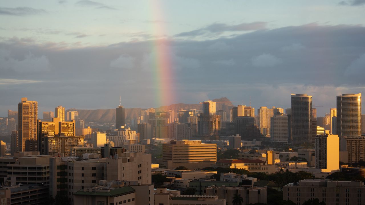 Wallpaper city, buildings, architecture, rainbow, cityscape