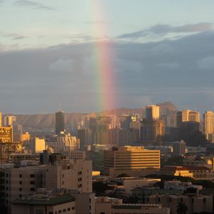 Preview wallpaper city, buildings, architecture, rainbow, cityscape