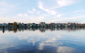 Preview wallpaper city, buildings, architecture, lake, reflection