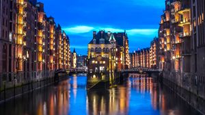 Preview wallpaper city, buildings, architecture, river, twilight