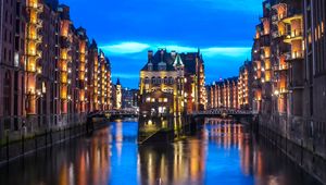 Preview wallpaper city, buildings, architecture, river, twilight