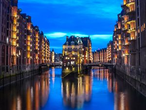 Preview wallpaper city, buildings, architecture, river, twilight