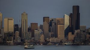 Preview wallpaper city, buildings, architecture, pier, water, twilight