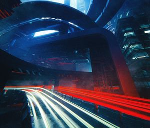 Preview wallpaper city, buildings, architecture, road, long exposure, dark