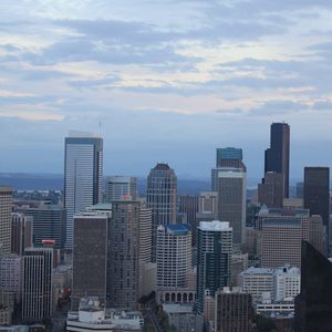 Preview wallpaper city, buildings, architecture, aerial view, twilight