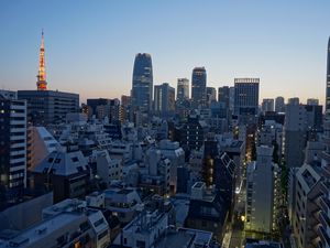 Preview wallpaper city, buildings, architecture, lights, twilight, aerial view