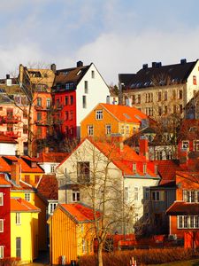 Preview wallpaper city, buildings, architecture, trees, autumn, bright