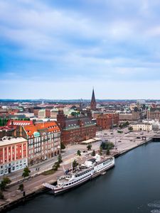 Preview wallpaper city, buildings, architecture, river, boat, aerial view