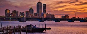 Preview wallpaper city, buildings, architecture, water, pier, sunset