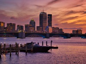 Preview wallpaper city, buildings, architecture, water, pier, sunset