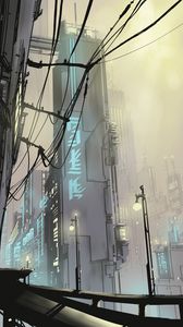 Preview wallpaper city, buildings, art, vector, wires, lights