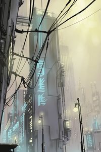 Preview wallpaper city, buildings, art, vector, wires, lights