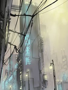 Preview wallpaper city, buildings, art, vector, wires, lights