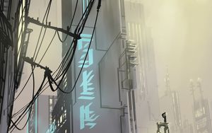 Preview wallpaper city, buildings, art, vector, wires, lights