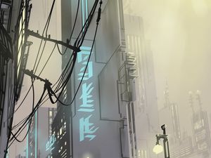 Preview wallpaper city, buildings, art, vector, wires, lights