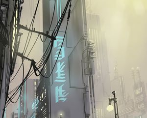 Preview wallpaper city, buildings, art, vector, wires, lights