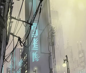 Preview wallpaper city, buildings, art, vector, wires, lights