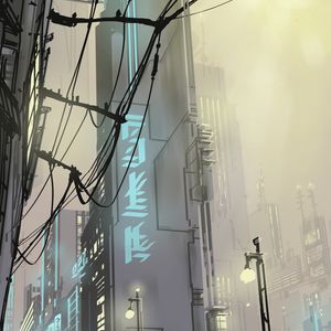 Preview wallpaper city, buildings, art, vector, wires, lights