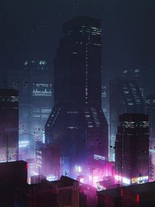 Preview wallpaper city, buildings, backlight, night, purple