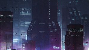 Preview wallpaper city, buildings, backlight, night, purple