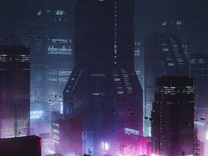 Preview wallpaper city, buildings, backlight, night, purple