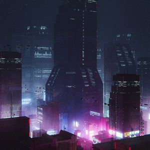 Preview wallpaper city, buildings, backlight, night, purple