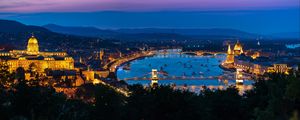 Preview wallpaper city, buildings, backlight, water, twilight, aerial view