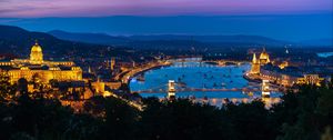 Preview wallpaper city, buildings, backlight, water, twilight, aerial view